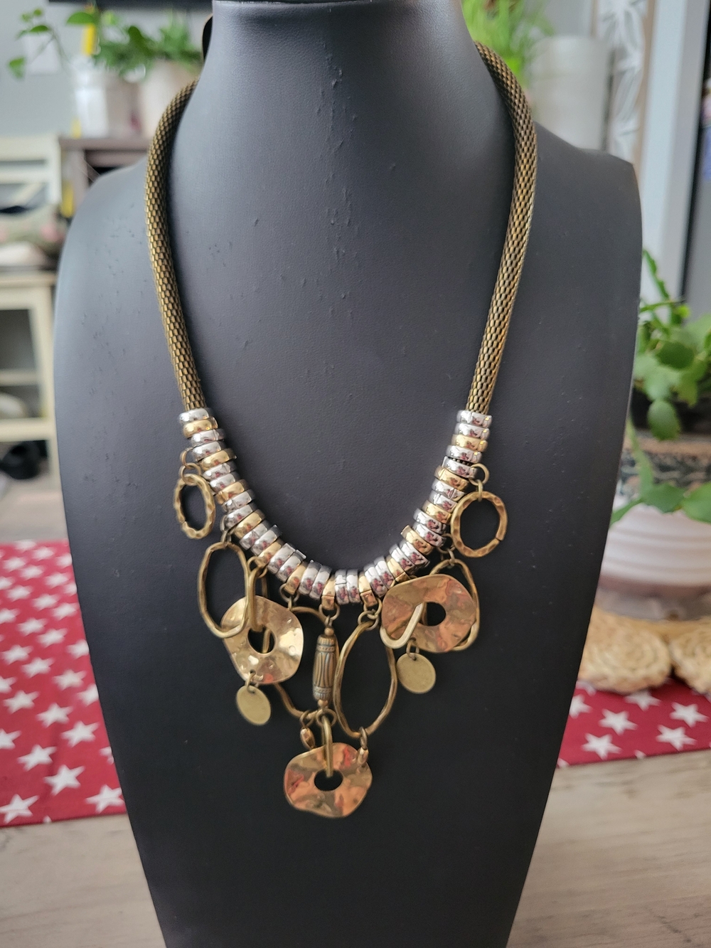 Paparazzi Gold And Brass Toned Statement Necklace with Hammered Discs
